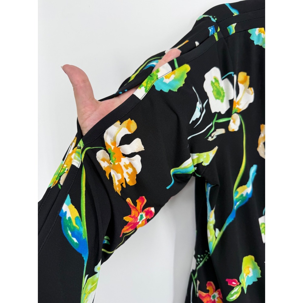 Rafaella Floral Tie Front Top Womens Medium Black Split Sleeve Scoop Neck Blouse - Picture 2 of 7